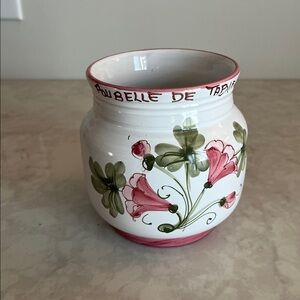 Vintage French  Pottery  Floral Vase Hand Painted table bin for table scraps